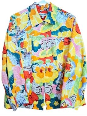 Women's Colorful & Bright Floral Button Down Plus Size Jacket~1XL